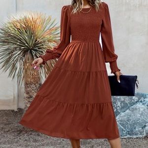 Shein Burnt Orange Bodice Bishop Sleeve Layered Hem A-Line Dress